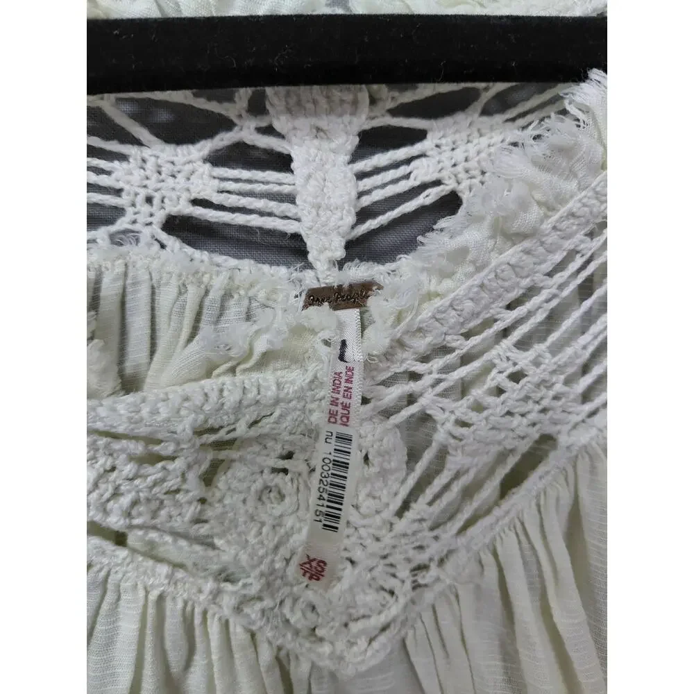 Free People White Peasant Embroidered Crochet 3/4 Puff Sleeve Women Size XS